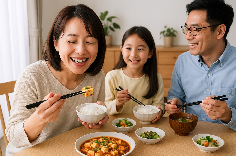 一位母親正在享用以板豆腐製作的健康料理,補充鈣質