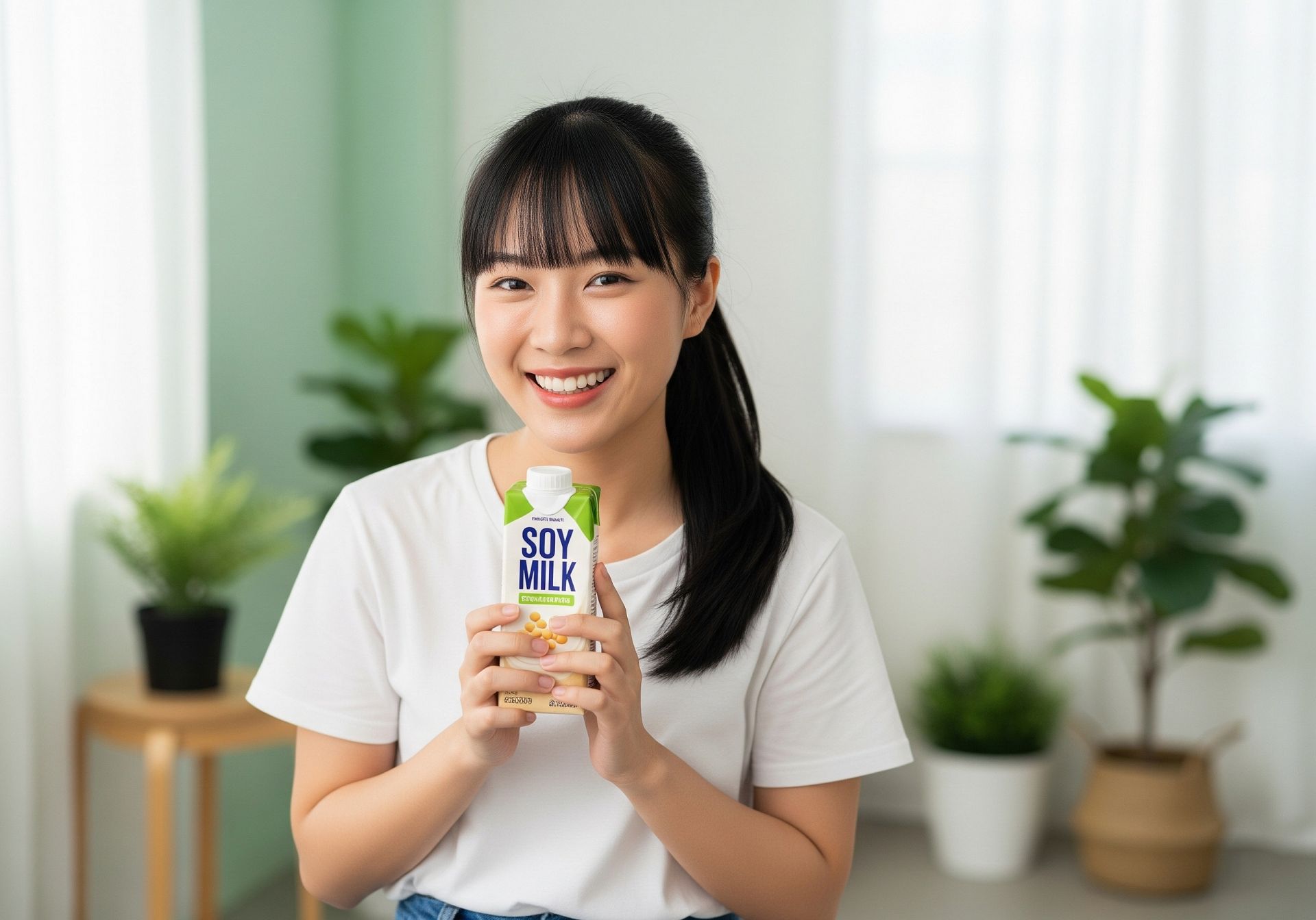 一位女性開心地展示著對身體友善的植物性飲品——豆漿